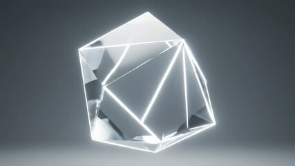 Futuristic abstract 3D geometric shape with neon glowing wireframe edges spinning against a monochromatic background, ideal for cryptocurrency branding and scientific visualization. - Powered by Adobe