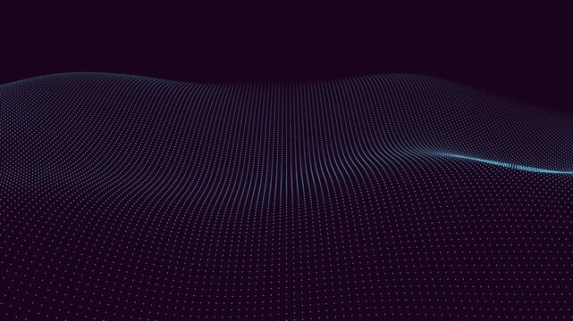 A 3D rendered waveform with dots forming a pattern on a dark background. It shows continuous peaks and troughs, creating a smooth, flowing movement from left to right