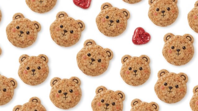 Multiple bear-shaped cookies with small hearts scattered among them.