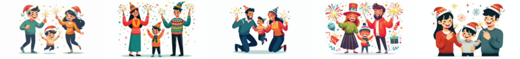 vector family playing fireworks new year celebration
