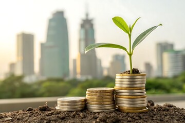 Growing Wealth From Ground Up: Plant On Coin Stack Symbolizing Financial Growth In Urban Setting

