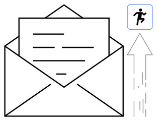 Open envelope with inserted letter and upward-pointing arrow symbolizing dispatch and speed. Overlay of running person icon emphasizes motion. Ideal for communication, messaging, postal services