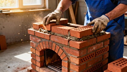 Craftsman assembling a traditional woodburning masonry heater focusing on building durable heatretaining brick structures for efficient home heating solutions.