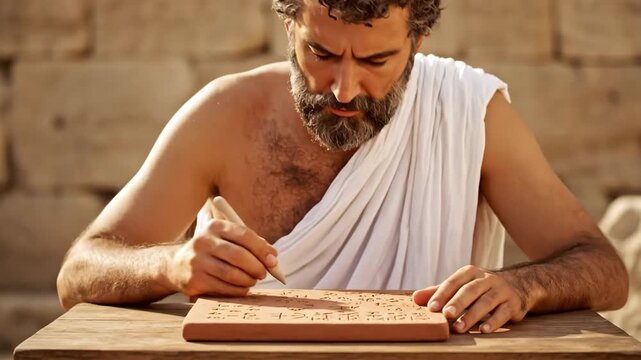 Ancient Scholar Engaged in Writing on Clay Tablet Outdoors