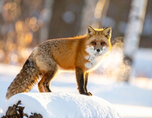 Obraz premium Red fox stands on snow with steam rising in a winter forest at sunrise