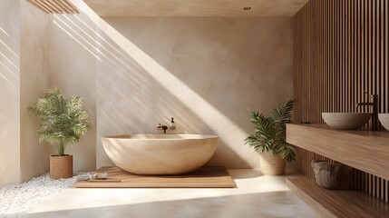 Fototapeta premium Sunlight streams across a natural stone bathtub and wooden vanity in a serene spa bathroom design