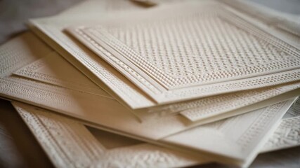 Medium shot of sturdy embossed card stock highlighting intricate raised designs that add depth and sophistication to invitations or business materials.