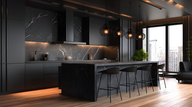 Luxurious contemporary kitchen features dark cabinetry and marble surfaces with city views - Powered by Adobe