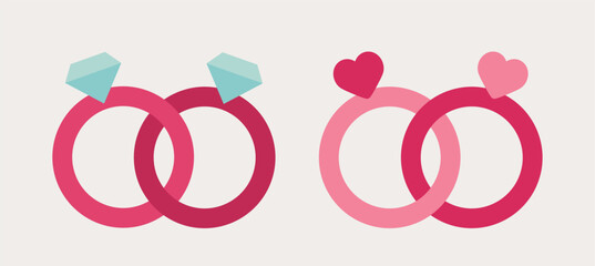Diamond and heart-shaped ring flat vector illustration set.
Wedding Rings.
Engagement Rings.
Happy valentines day.
for engagement, wedding, romantic gift. 
White background.