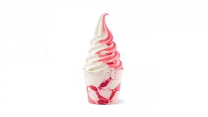 Swirl soft serve ice cream with pink syrup in a clear cup on a white background.