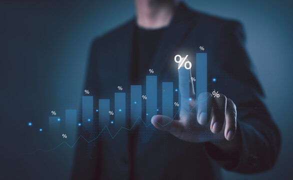 Businessman hand touching digital bar chart with glowing percentage signs, representing financial growth, data analytics, investment performance, economic trends, and strategic market forecasting.