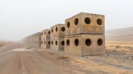 Concrete barrier blocks stacked in a defensive line on dusty ground