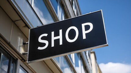 Obraz premium Rectangular black sign displaying white lettering against a bright blue sky background