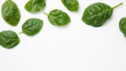 Obraz premium Fresh green spinach leaves arranged on a white background.