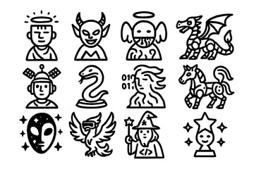 Obraz premium Whimsical icons: mythical and fantasy characters in bold linear style