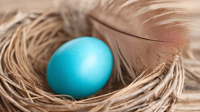 close-up illustration focusing on a single, robin egg blue pastel egg resting in a small nest of woven twigs on a branch. A single, vibrant turkey feather is tucked beside it, a beautiful contrast 
