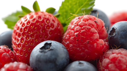 An ultra-realistic close-up image showcases various fresh berries, including a shiny red strawberry, a detailed raspberry, and smooth blueberries, enhanced by vibrant green leaves.