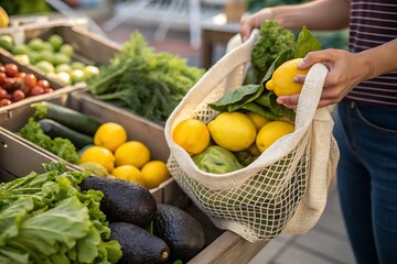 Shoppers Carry Fresh Produce In A Reusable Mesh Bag At Outdoor Market

