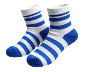 White Athletic Socks with Blue Stripes and Sport Graphic, Isolated PNG 