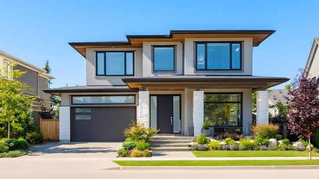 Modern two-story suburban residence showcases contemporary architectural design under a clear blue sky