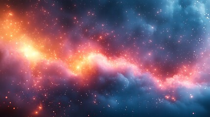 Fototapeta premium Stunning cosmic nebula with sparkling stars and bright orange glow illuminating a vast dark blue galaxy
