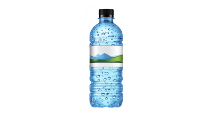 Plastic water bottle clear blue condensation mountain label green landscape hydration isolated refreshing transparent recyclable