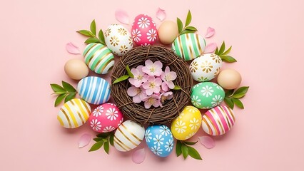 Festive Easter Egg Arrangement with Floral Nest Centerpiece on Pink Background Celebrating Spring Holiday Traditions and Decorative Egg Painting for Easter Celebrations