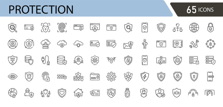 Protection related icons set including safety, shield, security, defense, privacy, guard, prevention, and risk control. Outline icons.