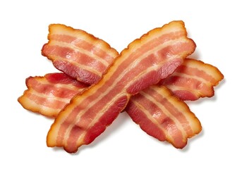 Crispy cooked bacon strips arranged in a cross shape on white background