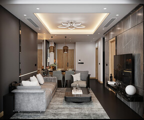 3d render modern living room dining room