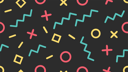 Dark Gray Memphis Style Geometric Pattern with Bright Shapes