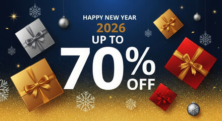 Happy new year 2026 sale banner, 70% off with gifts and glitter
