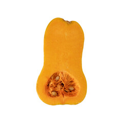Half of fresh ripe butternut squash isolated on white background. Healthy autumn sweet honey pumpkin.