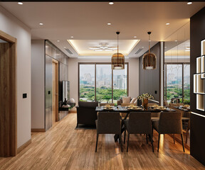 3d render modern living room dining room