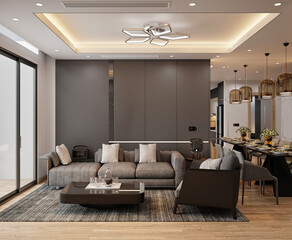 3d render modern living room dining room