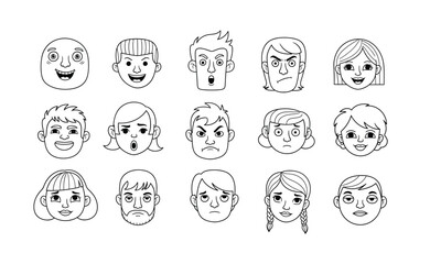 Set of Cartoon Character Facial Expressions in Clean Line Art Style