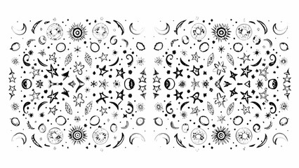 Whimsical hand drawn celestial elements and stars pattern