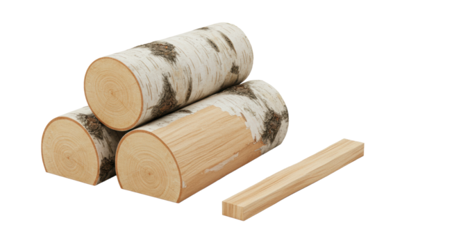 Three uniformly cut birch firewood logs stacked with a polished kindling stick, isolated on a seamless neutral transparent background with bright even studio light, pristine product display concept