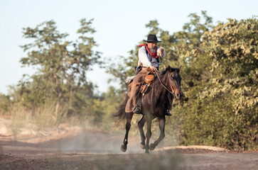 A cowboy on a rearing horse holding a revolver, capturing a classic and dramatic