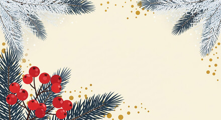 Illustration of snowy pine branches and red berries on light yellow background, representing winter holiday, festive spirit, or seasonal greeting card free space