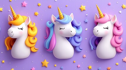 Three cute unicorn characters with pastel manes and golden horns on purple background