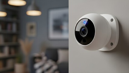 White home security camera mounted on wall in modern smart home