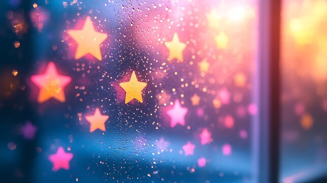 This atmospheric view captures water droplets on glass with glowing star effects and soft bokeh illumination