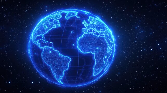 Digital blue Earth globe in the vast darkness of space
