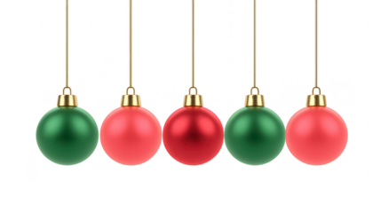 Green and red Christmas ornaments with gold caps hang in row, creating festive and cheerful holiday decoration perfect for seasonal celebrations and winter home decor