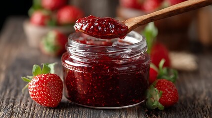 Strawberry jam in a jar with a spoon and fresh strawberries around it