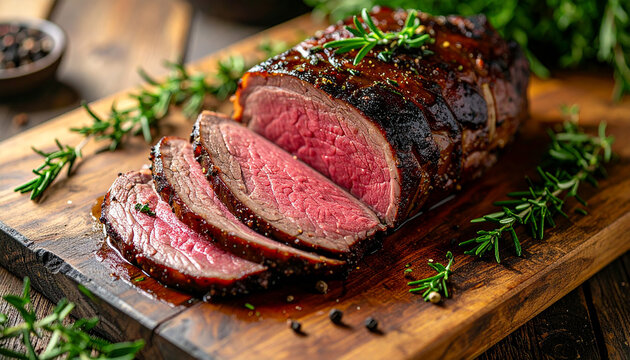Aged venison backstrap roast with fresh herbs, rustic and earthy food styling. Tasty meat. Cooking
