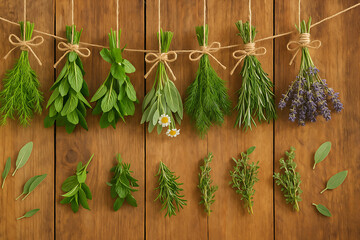 fresh herbs on wooden background