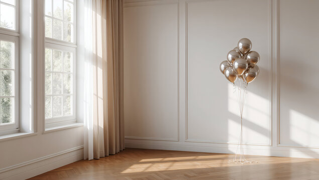 Elegant room with balloons, sunlight, and classic interior design