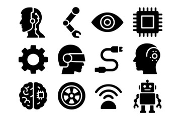 Technology icons set: human machine interface, ai, robotics in bold style